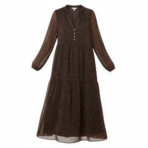 LOFT Black Maxi Dress with Sheer Sleeves & Button Front – Size M